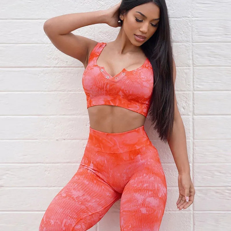 Sports Bra Set for Women Yoga 2 PCS Oufit Fitness Suit Seamless Front Button Crop Tank Top Gym Leggings Workout Clothes